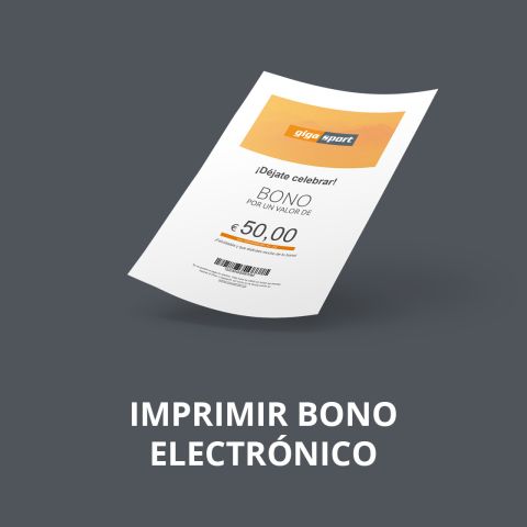 Un vale digital de "giga sport" por valor de 50 € aparece sobre un fondo gris encima del texto "IMPRIMIR BONO ELECTRÓNICO" en mayúsculas blancas.