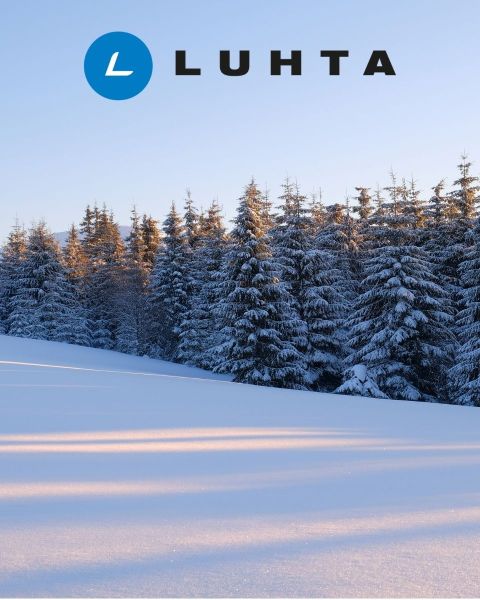 Persona con chaqueta y pantalones de esquí negros y amarillos, con casco y gafas protectoras, vista desde atrás. En la parte superior se ve el logo de "LUHTA" sobre un fondo liso.