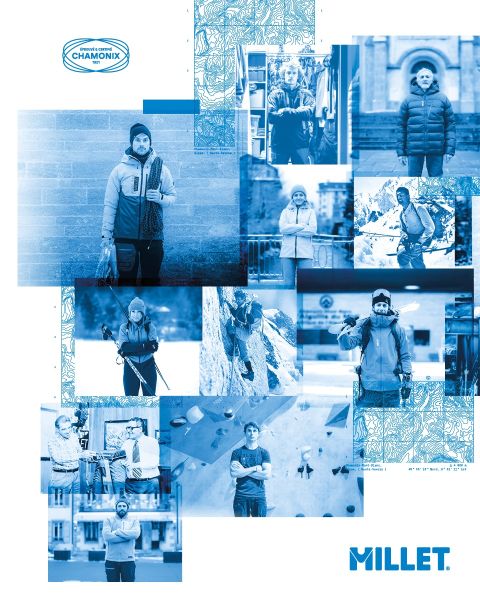 Tres excursionistas con todo el equipo caminan por un paisaje montañoso con picos nevados. Abajo se ve a una mujer con una chaqueta que se ajusta el cuello. Al fondo se ven montañas. Abajo a la derecha se ve el logo de "Millet".