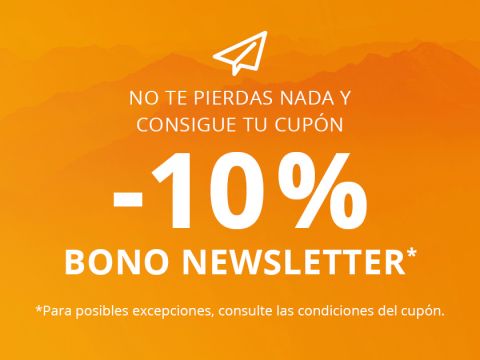 Fondo naranja con siluetas de montañas. El texto blanco dice: "NO TE PIERDAS NADA Y CONSIGUE TU CUPÓN -10% BONO NEWSLETTER*". Debajo, en letra pequeña: "*Para posibles excepciones, consulte las condiciones del cupón.