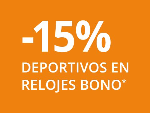 Fondo naranja con texto blanco en negrita "-15% bono en relojes deportivos*" que indica un bono de descuento del 15% en relojes deportivos.
