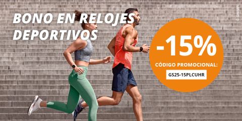 Una mujer y un hombre en ropa deportiva corren al aire libre. El texto dice "Bono en relojes deportivos" y "-15% Código promocional: GS25-15PLCUHR." Los detalles de la promoción se destacan en un círculo naranja.