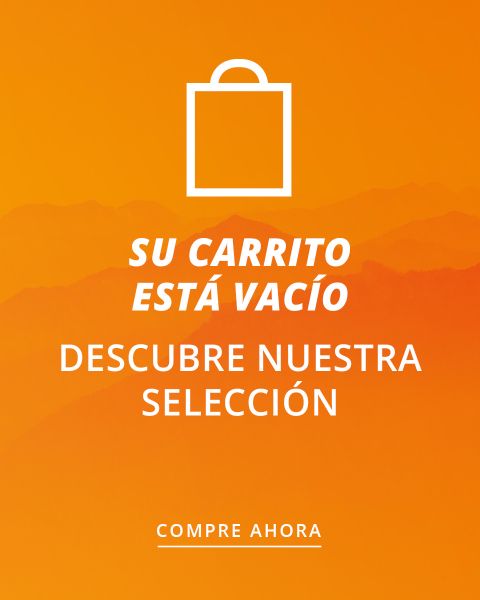 Fondo naranja con un icono blanco de bolsa de compras. El texto en español dice: "Su carrito está vacío. Descubra nuestra selección. Compre ahora", instando a los usuarios a explorar y comprar.