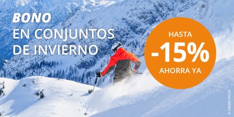 Una persona esquía por una ladera nevada con pinos y montañas al fondo. El texto dice: "BONO en conjuntos de invierno. Hasta -20% ahorra ya" en español y anuncia descuentos en ropa de invierno.