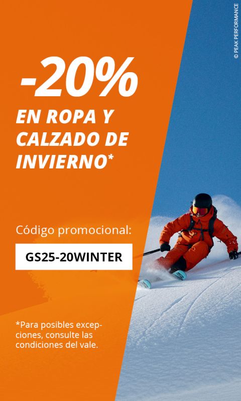 Banner publicitario que muestra a un esquiador con un traje naranja en una pista nevada, con un texto que ofrece un 20% de descuento en ropa y calzado de invierno con el código GS25-20WINTER. Aplican términos y condiciones.