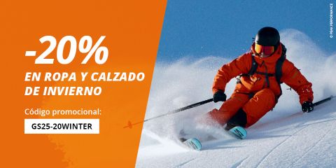 A la derecha, un esquiador con equipo naranja se mueve por la nieve, mientras que a la izquierda se ve una pancarta naranja con el texto "-20% en ropa y calzado de invierno" y el código promocional GS25-20WINTER".