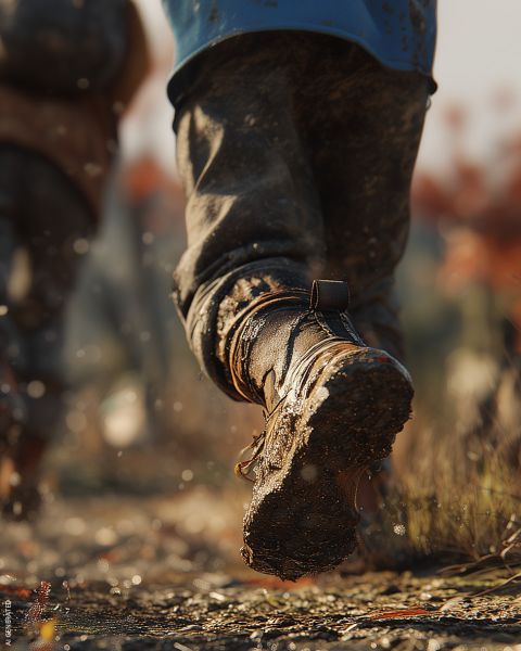 Un primer plano de botas embarradas caminando por un camino de tierra, con otra persona al fondo y hojas de otoño alrededor.