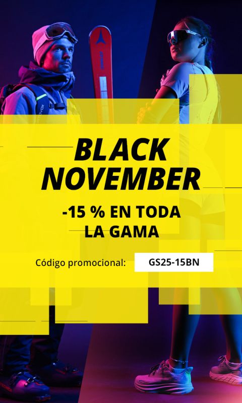 Dos deportistas, un hombre con equipo de esquí y una mujer en ropa deportiva, están de pie frente a un fondo azul y rosa. El texto amarillo en negrita anuncia una venta de "Black November" con un 15% de descuento y un código de descuento: GS25-15BN.