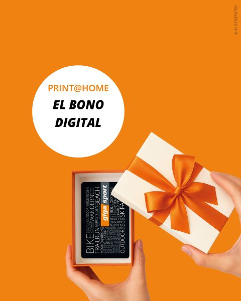 Dos manos sostienen una caja de regalo abierta con un lazo naranja; en el interior hay una tarjeta de regalo digital con palabras deportivas sobre un fondo naranja.