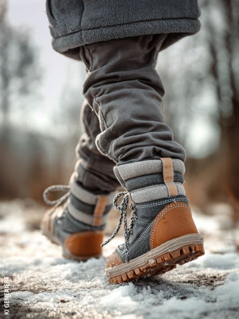 Un niño con pantalones grises y botas resistentes corre por la nieve, mientras que los árboles desnudos se difuminan en el fondo.
