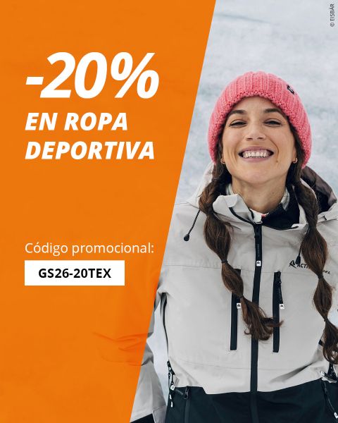 Mujer sonriente con ropa de esquí; el texto dice "-20% en ropa deportiva" con el código promocional GS26-20TEX sobre un fondo naranja.
