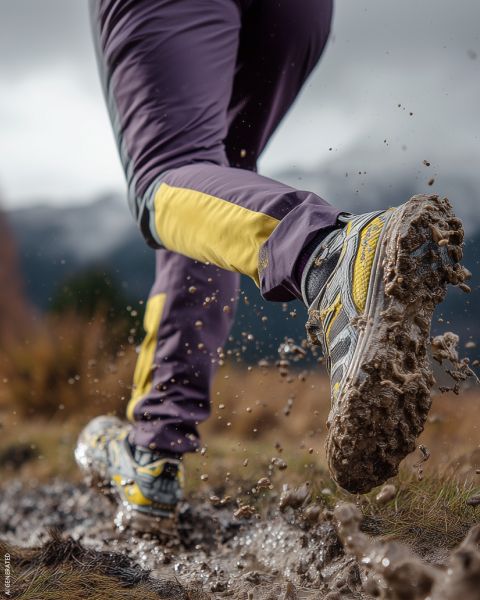 Una persona corriendo al aire libre en un terreno fangoso, con barro salpicando de sus zapatillas y piernas, y vistiendo pantalones deportivos morados y amarillos.