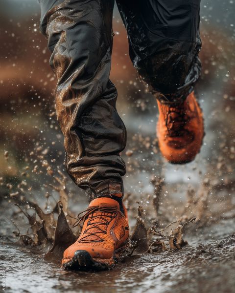 Una persona con zapatillas de correr naranjas salpica a través de un charco fangoso, con gotas de agua y barro volando alrededor de sus piernas y pantalones.