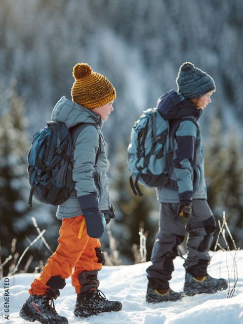 Dos niños con ropa de invierno y mochilas caminan por un terreno nevado, con un bosque borroso al fondo.