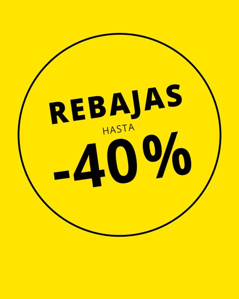 Fondo amarillo con un círculo con borde negro. El texto en negrita en el interior dice: "REBAJAS HASTA -40%", lo que indica un descuento de hasta el 40%.