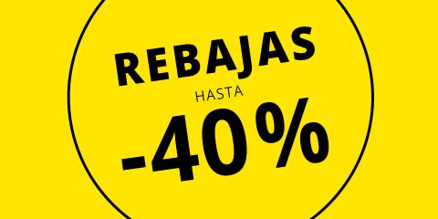 Fondo amarillo con letras negras en negrita: "REBAJAS HASTA -40%". El texto está dentro de un círculo negro e indica que el descuento es hasta del 40%.