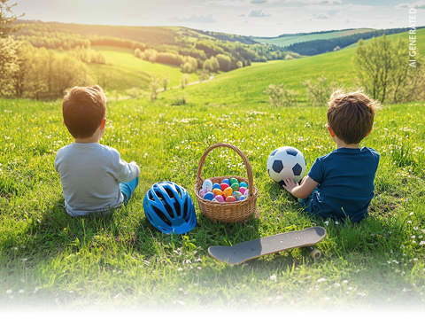 Dos niños están sentados en el césped frente a una pintoresca colina, junto a ellos una cesta con huevos de colores, un casco azul, un balón de fútbol y un monopatín.