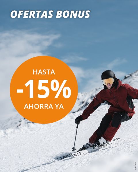 Persona bajando una ladera nevada con un gran círculo naranja que dice "Hasta -15%, ahorra ya" y el texto "Ofertas Bonus" encima.