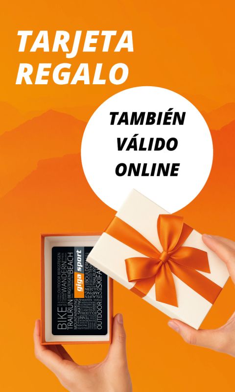 Manos sosteniendo una caja de regalo abierta con una tarjeta en el interior, el texto dice: "Tarjeta Regalo, También válido online" sobre un fondo naranja.
