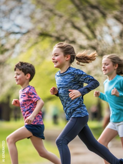 Tres niños en ropa deportiva corriendo alegremente al aire libre en un día soleado, con árboles borrosos al fondo.