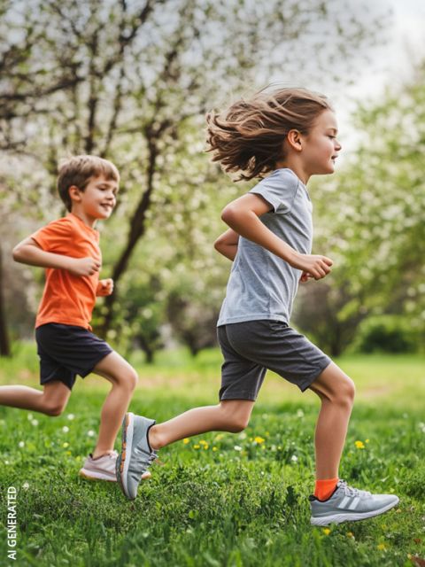 Dos niños, un niño y una niña, corren en un día brillante por un parque cubierto de hierba con árboles al fondo.