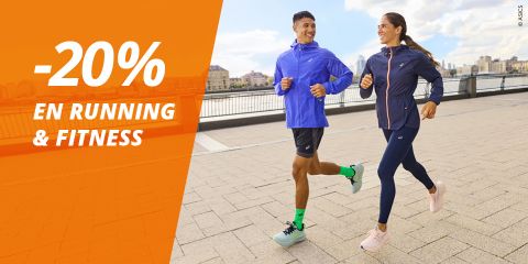 Dos personas trotan al aire libre a la orilla de un río; en una pancarta naranja se lee "-20% en running & fitness".
