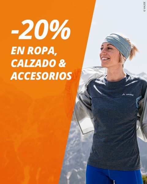Mujer sonriente en ropa deportiva al aire libre; Texto en transparente naranja: "-20% en ropa, calzado & accesorios."