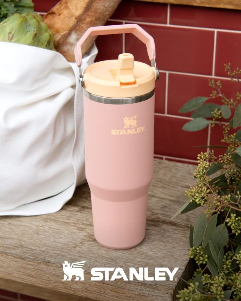 Un vaso Stanley rosa con asa está sobre una superficie de madera junto a una bolsa blanca y plantas verdes, con el logotipo de Stanley en la parte inferior.