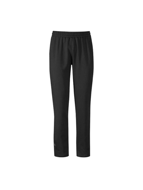 Pantalones negros de pierna recta con cintura elástica, sobre un fondo blanco.