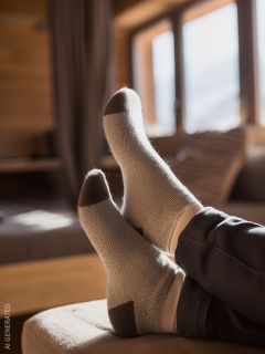 Una persona que usa cómodos calcetines grises con punteras y talones oscuros se relaja en una casa con los pies en alto cerca de una ventana iluminada por el sol y muebles suaves al fondo.
