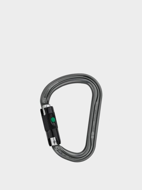 Sobre un fondo blanco sencillo, se representa un mosquetón gris y negro con mecanismo de cierre. Encima del mosquetón se puede ver la inscripción "EXPRESSEN & KARABINER" en negrita y en blanco.