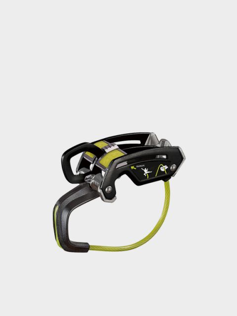 Imagen de un dispositivo de seguridad sobre un fondo gris con el texto "DISPOSITIVOS DE SEGURIDAD" encima. El dispositivo es negro con detalles amarillos y un cable verde. Los diagramas muestran su uso.