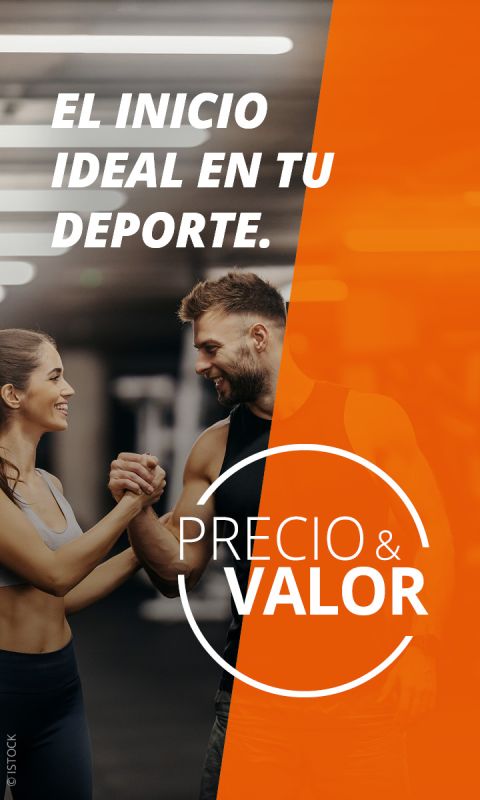 Dos personas en ropa deportiva tomadas de la mano y sonriendo en un gimnasio, con texto en español que promociona el comienzo ideal y el valor del deporte.