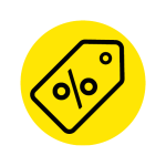 Schwarzes Prozent-Symbol auf einem Preisschild-Symbol innerhalb eines gelben Kreises, das einen Rabatt oder Verkauf darstellt.