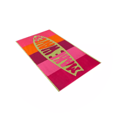 Una alfombra de cuadros rosas y naranjas con la inscripción "MAKE WAVES" en letras negritas en el centro.