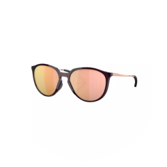 Gafas de sol con montura negra y lentes redondas reflectantes en oro rosa sobre un fondo blanco.