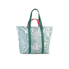 Un bolso grande con estampados de hojas verdes, correas de color verde oscuro y asas de color rosa en contraste sobre un fondo circular blanco.