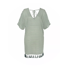 Vestido de manga corta a rayas blancas y negras con cuello en V, lazo en el cuello y flecos con borlas en el dobladillo.