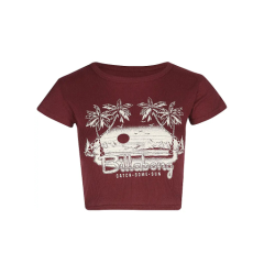 Top corto color castaño castaña con gráficos blancos de palmeras, soles y tablas de surf, y el texto "Billabong Catch Some Sun" en la parte delantera.