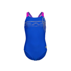 Traje de baño azul de una pieza con tirantes rosas y patrones de líneas amarillas en el pecho y en el lateral, representado sobre un fondo circular blanco.