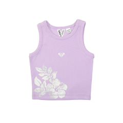 Camiseta de tirantes lila sin mangas con un pequeño logotipo blanco en el pecho y un gráfico de flores blancas en la esquina inferior izquierda sobre un fondo blanco.