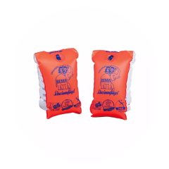 Un par de manguitos inflables de color naranja y blanco con texto azul e ilustraciones sobre un fondo blanco.