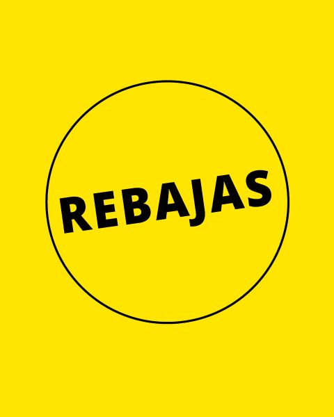 Fondo amarillo con la palabra "REBAJAS" en negrita y letras negras dentro de un círculo negro, indicando una venta o descuentos.