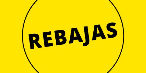Fondo amarillo con la palabra "REBAJAS" en letras negras negritas dentro de un círculo negro, que indica una venta o descuento.