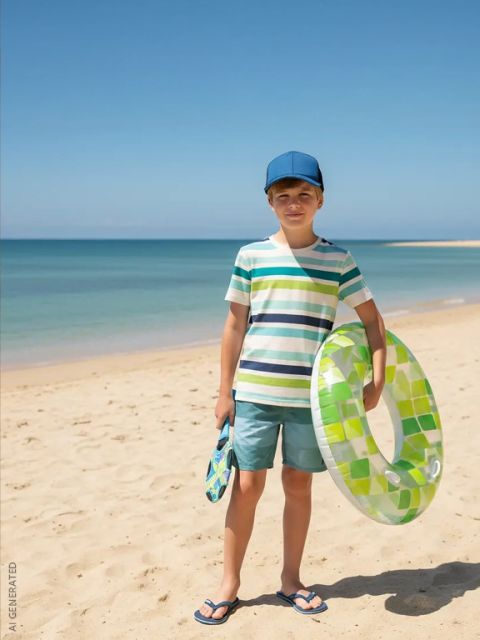 Un niño con camisa a rayas, gorra azul y chanclas está de pie en la playa de arena, sosteniendo un flotador inflable verde y aletas de natación en la mano. Mar tranquilo al fondo.