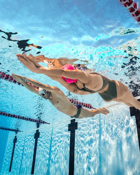 Dos nadadores, uno con gorro rosa y otro con gorro blanco, se deslizan bajo el agua en una piscina uno al lado del otro, nadando en carriles separados.