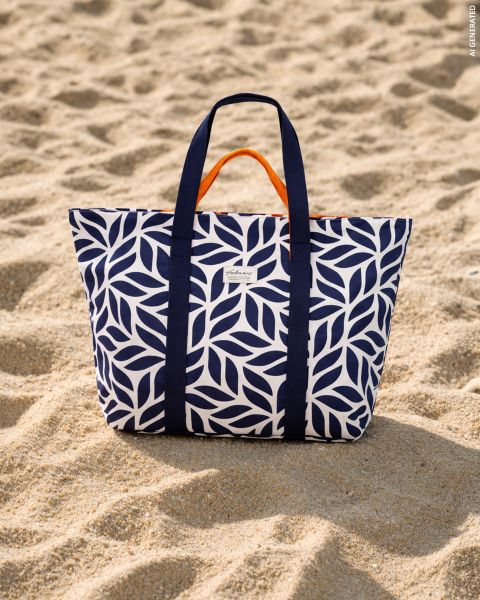 Una bolsa de mano azul marino y blanca con estampado de hojas y forro interior naranja está en la playa de arena.