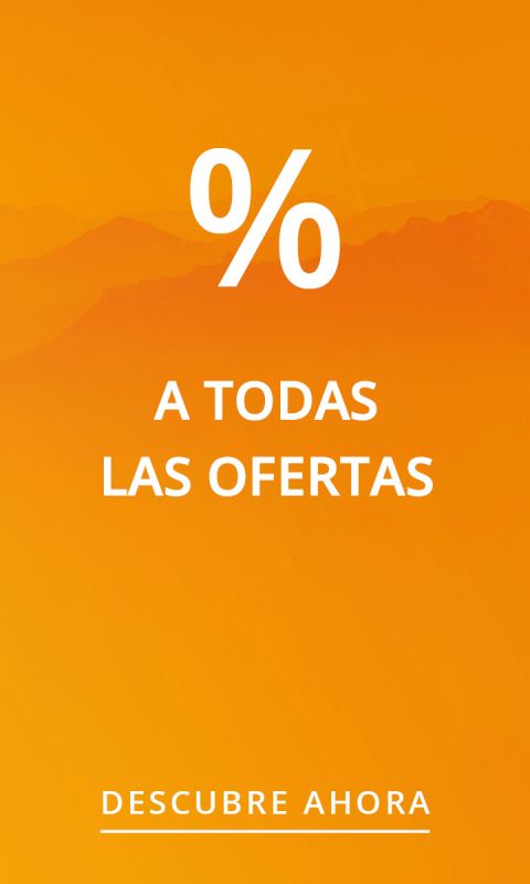 Fondo naranja con un gran signo de porcentaje, texto blanco: "A TODAS LAS OFERTAS" y debajo un botón que dice "DESCUBRE AHORA.".