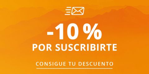 Fondo naranja con montañas, un icono de sobre y el texto: «-10 % Bono-Newsletter. Consigue tu descuento.»