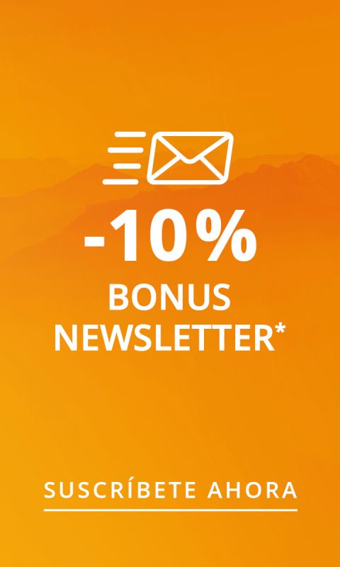 Fondo naranja con un icono de sobre y texto: "-10% en tu próxima compra al suscribirte a la newsletter".